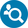 A magnifying glass icon on a blue background representing the concept of controlling in management practices.