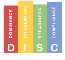 Four different colors of discs with the words dominance, influence, stamina, and consistency.