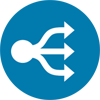 A white icon with two arrows on a blue background representing the organizing functions of management.