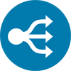 A white icon with two arrows on a blue background representing the organizing functions of management.